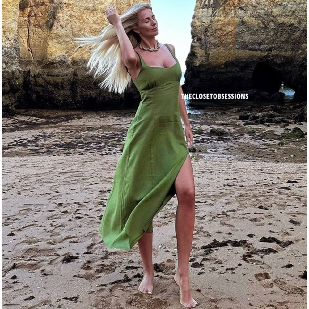 ZARA Green Linen Blend Front Slit Midi Dress NWT | Sizes M & L - Picture 12 of 16